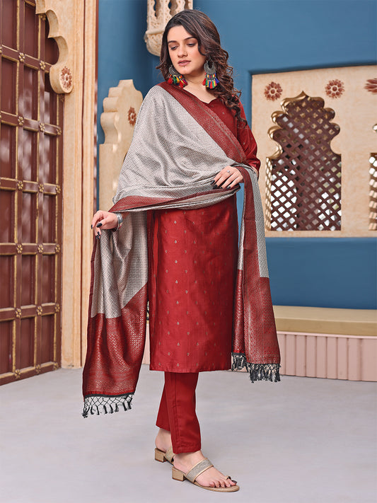 Women Jacquard Kurta Pant Dupatta Set