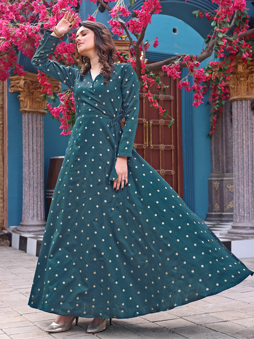 Women Woven Jacquard Stitched Anarkali Gown