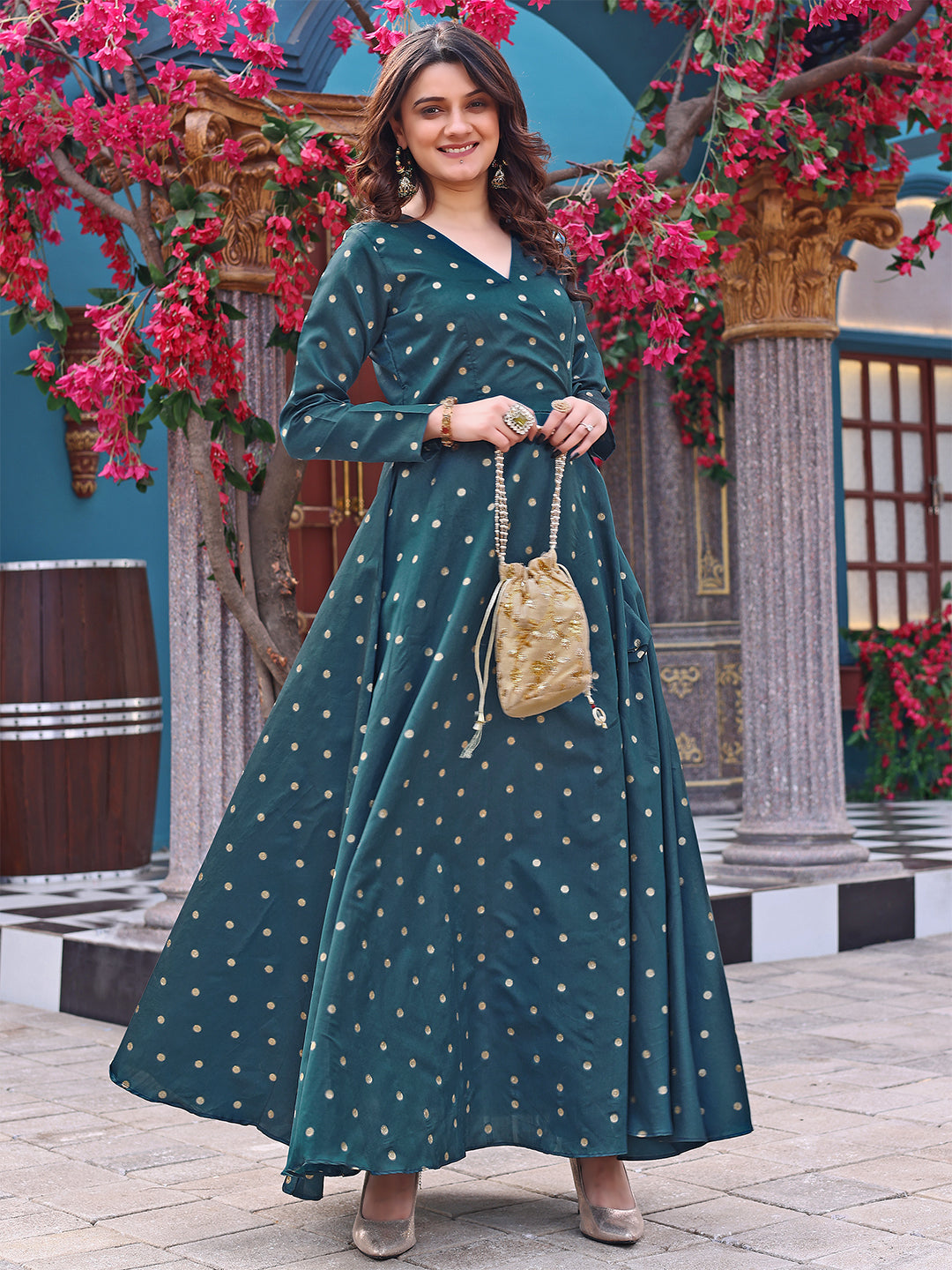 Women Woven Jacquard Stitched Anarkali Gown