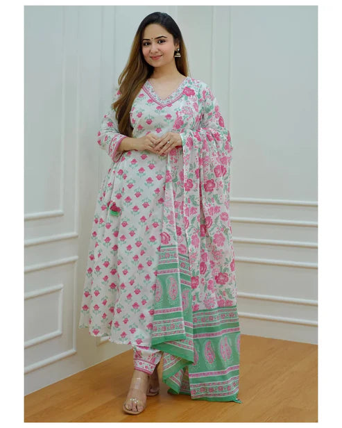 Block Printed A-Line Kurta and Pant Set with Dupatta