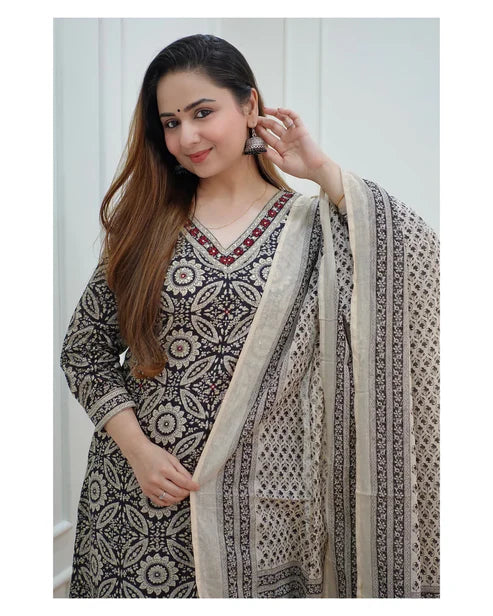 Women Ajarakh Printed Kurta and Pant Set With Dupatta