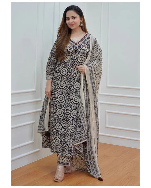 Women Ajarakh Printed Kurta and Pant Set With Dupatta