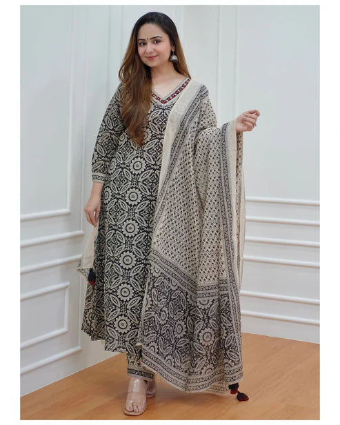 Women Ajarakh Printed Kurta and Pant Set With Dupatta
