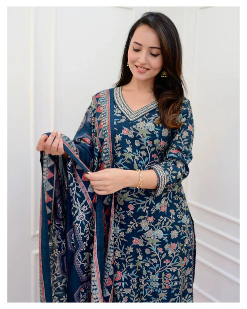 Printed Straight Kurta and Pant set with Dupatta