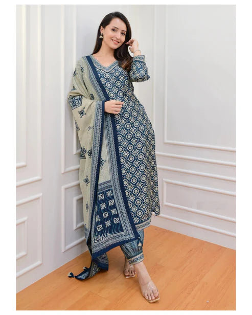 Printed Straight Kurta and Pant set with Dupatta