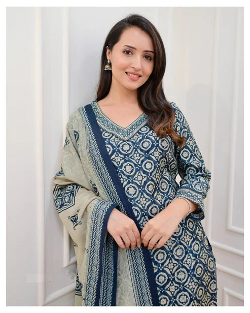 Printed Straight Kurta and Pant set with Dupatta