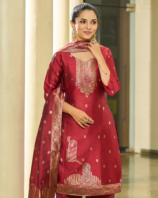 Women Jacquard Kurta Pant Dupatta Set