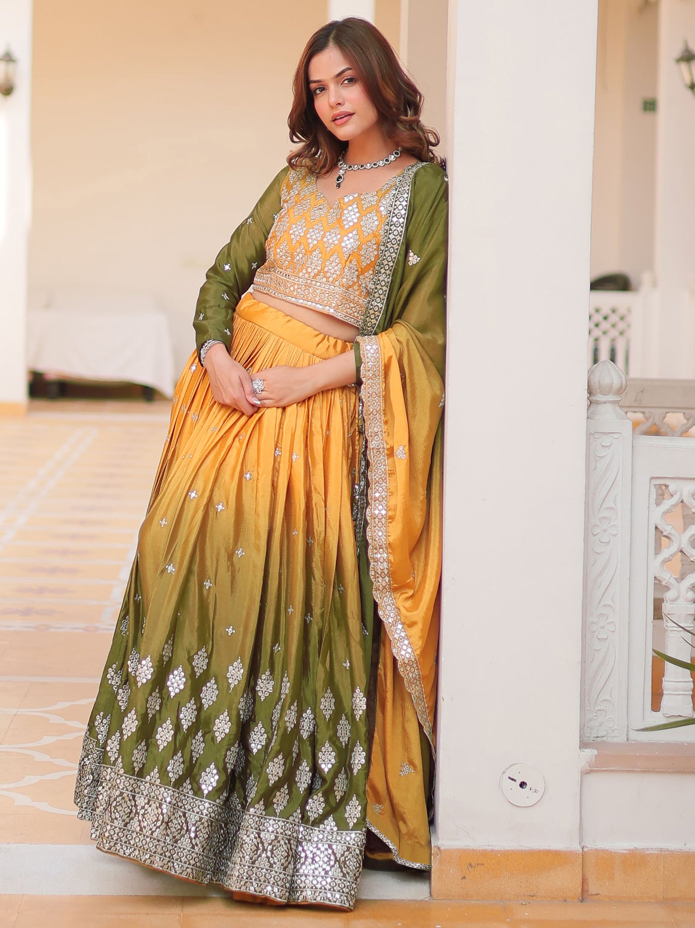 Embllished Semi Stitched Lehenga Choli (Green,Yellow)