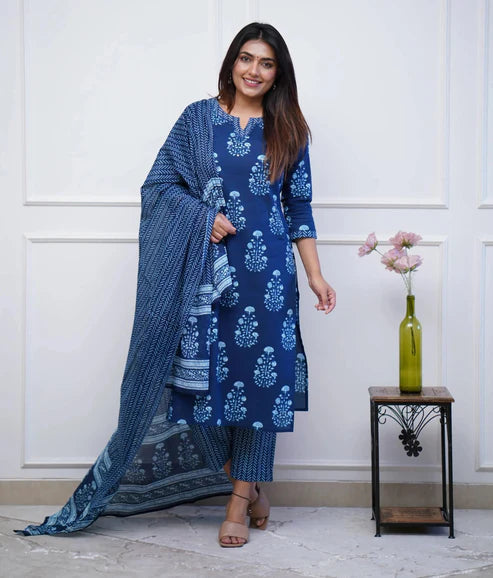 Printed Straight Kurta and Pant set with Dupatta