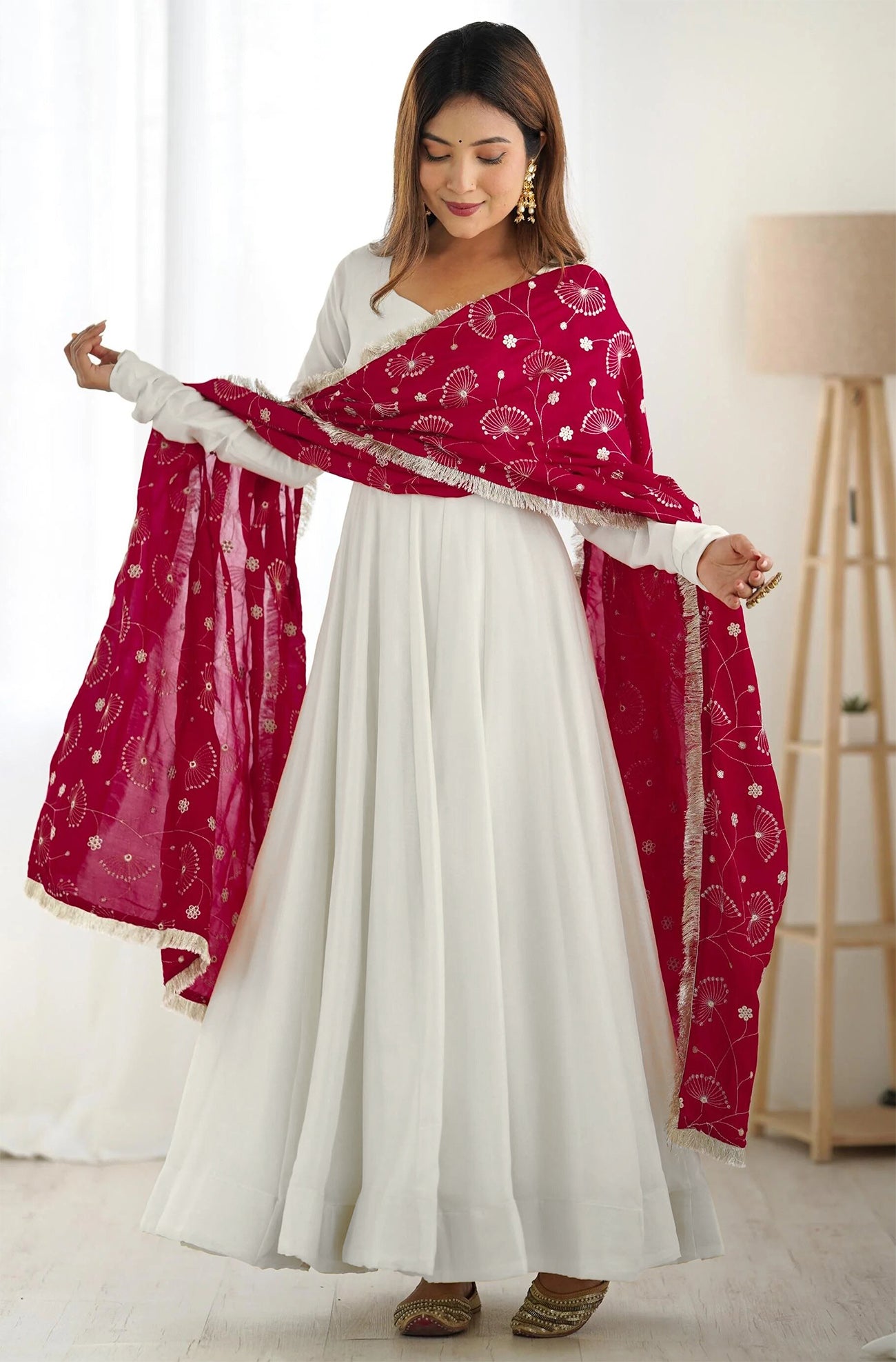 Solid Anarkali Gown With Embroidered Dupatta