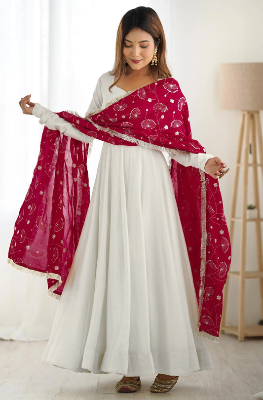 Solid Anarkali Gown With Embroidered Dupatta
