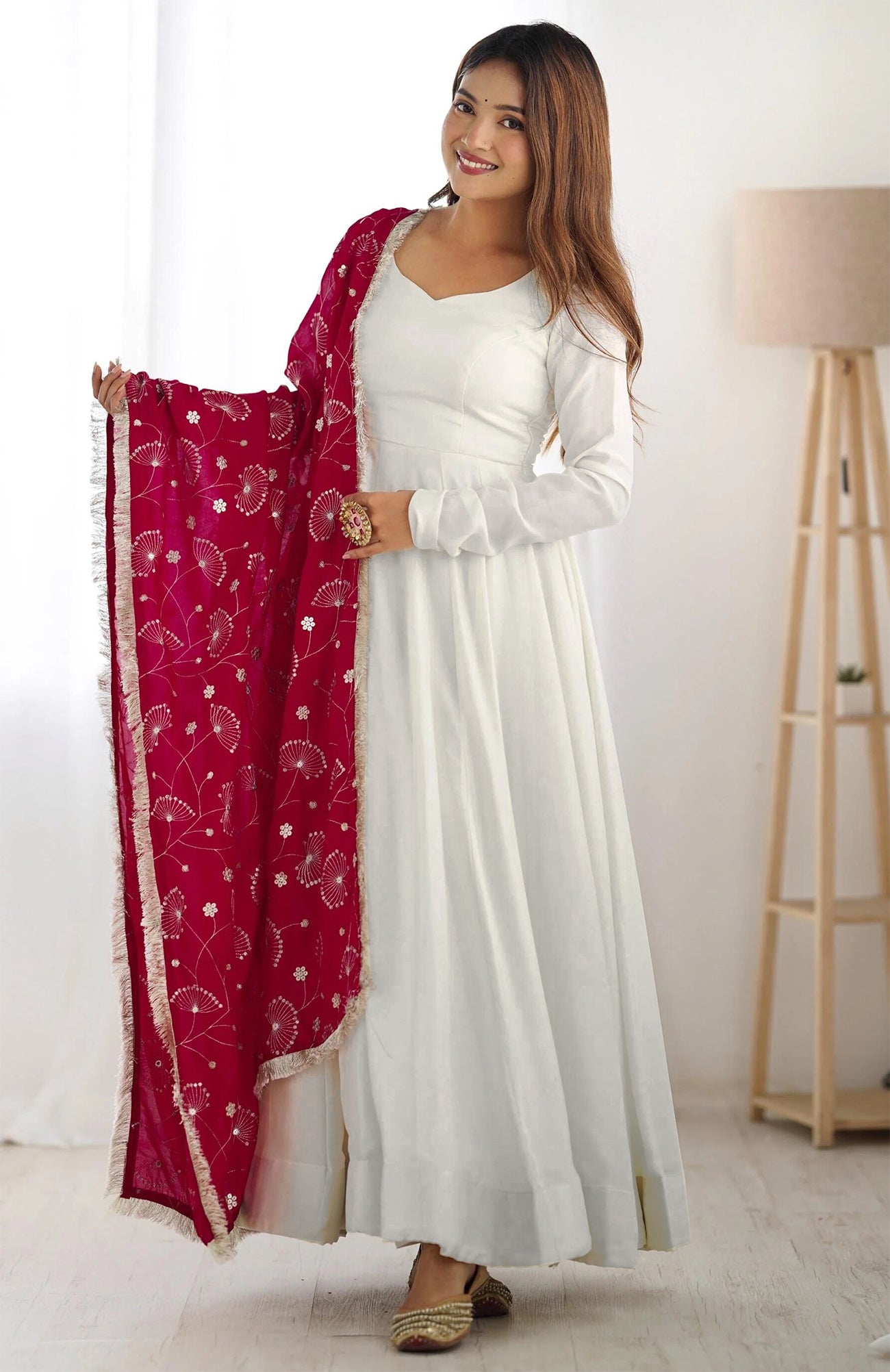 Solid Anarkali Gown With Embroidered Dupatta