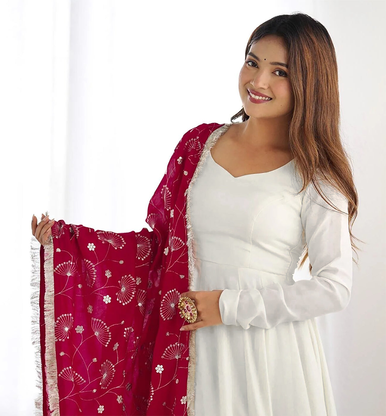 Solid Anarkali Gown With Embroidered Dupatta