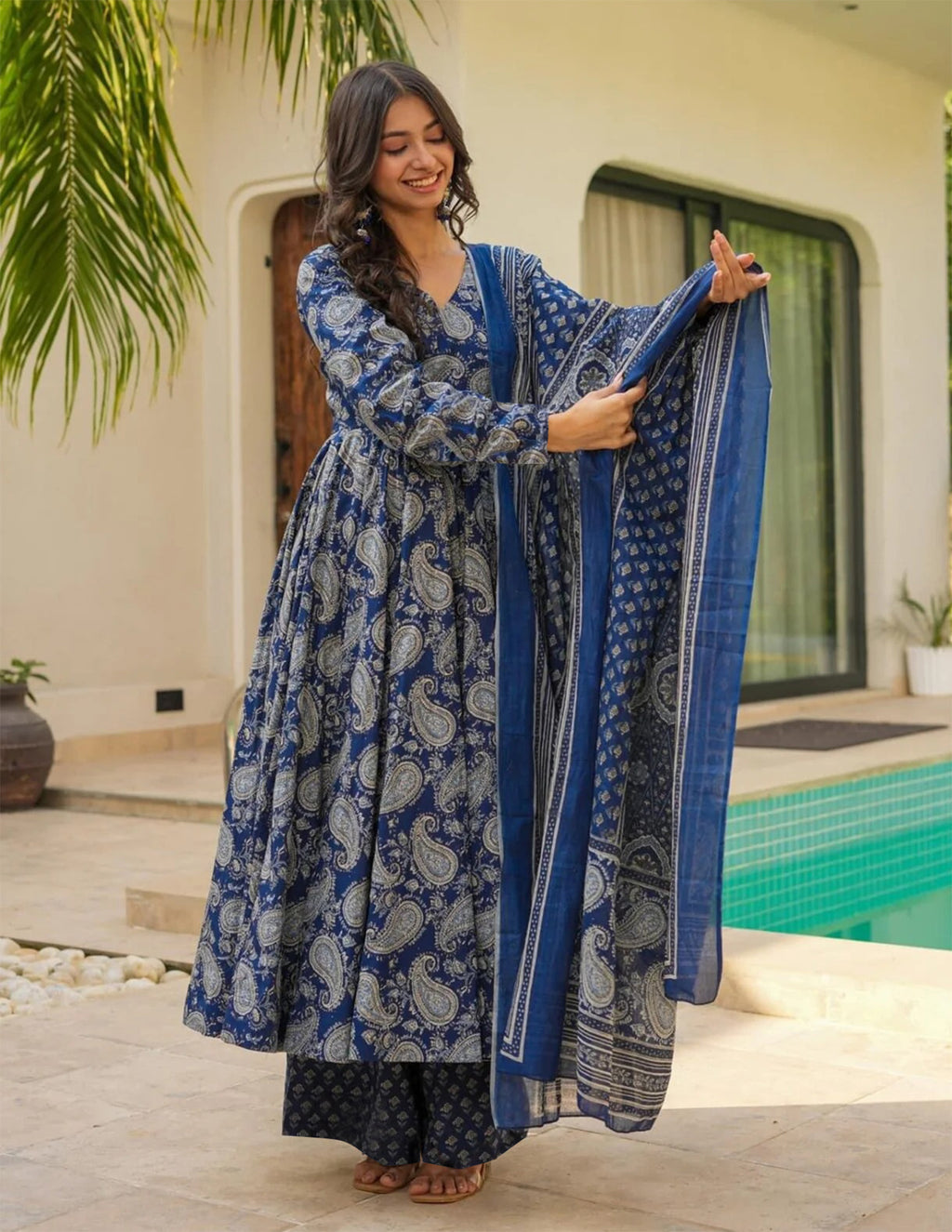Anarkali Printed Kurta Pant Dupatta Set