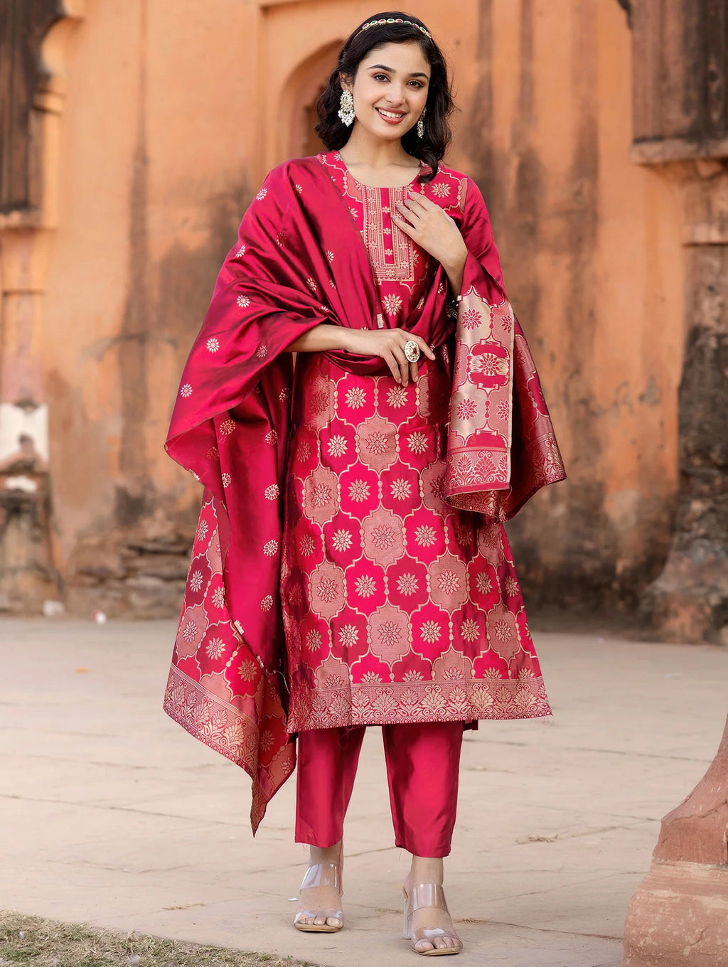 Jacquard Kurta Pant Dupatta Set