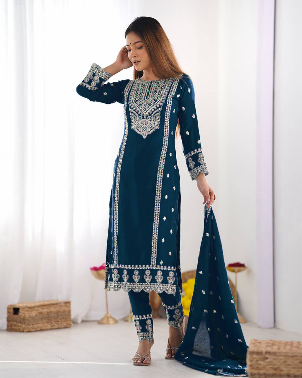Women Silk Kurta Pant Dupatta Set