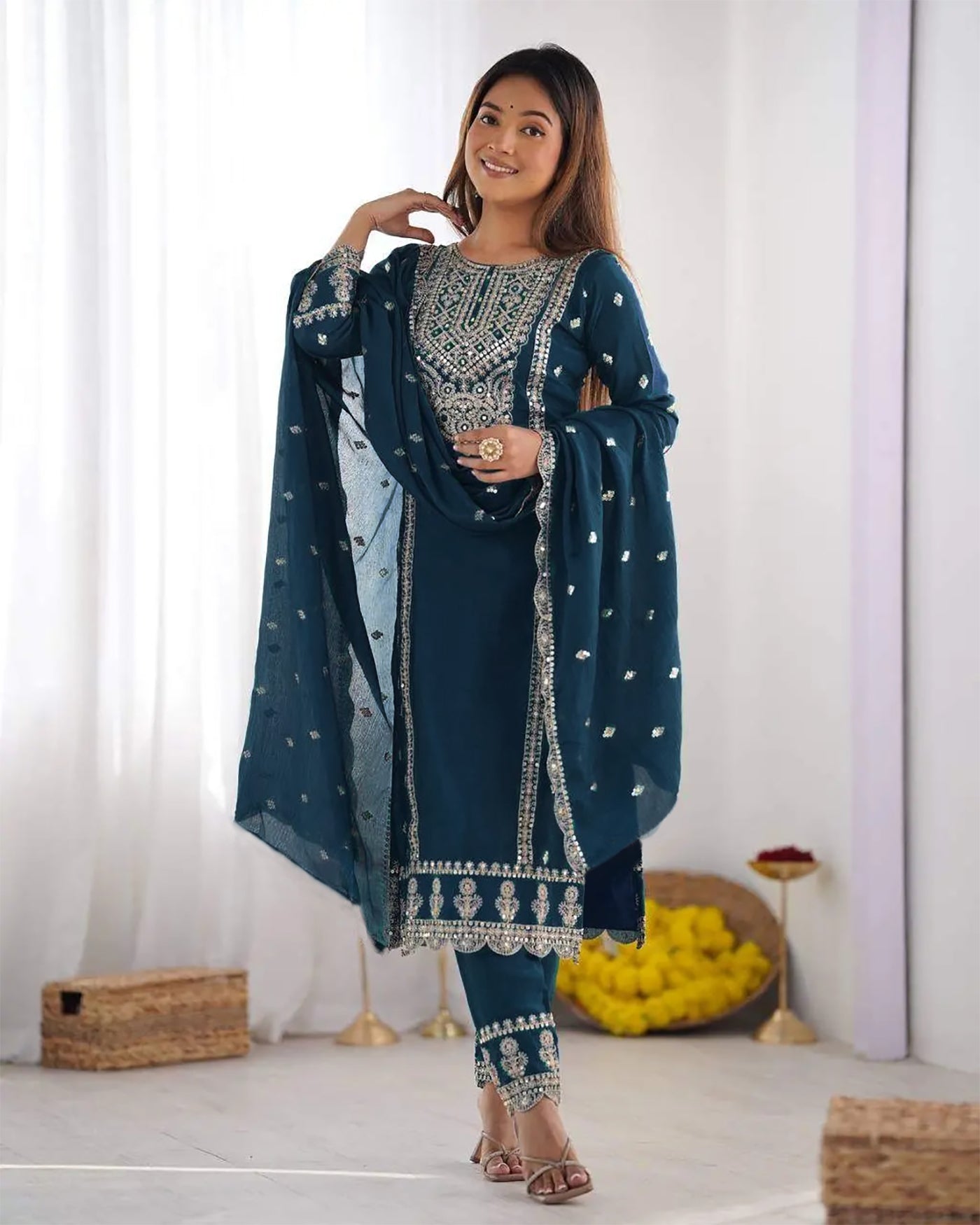 Women Silk Kurta Pant Dupatta Set