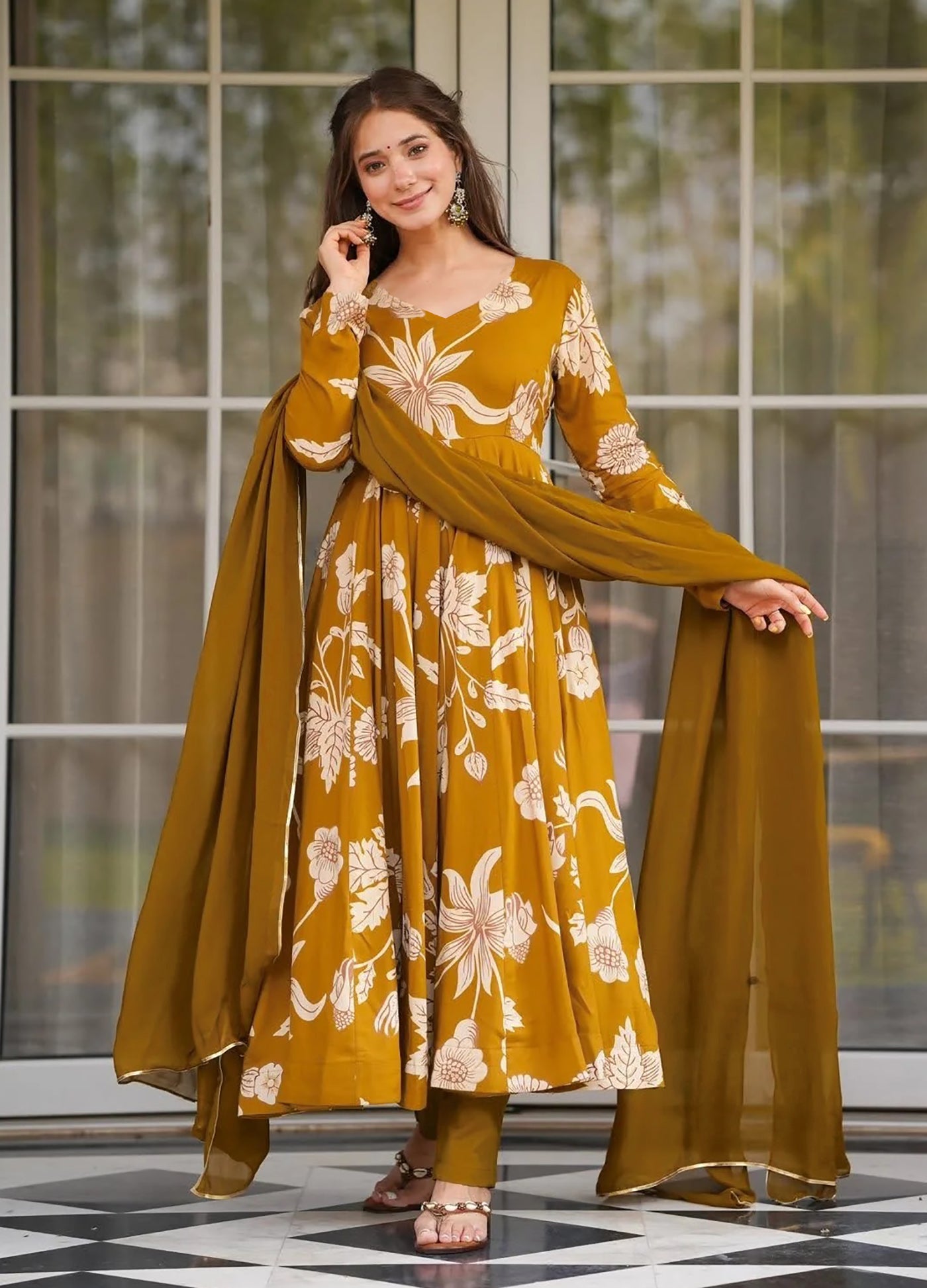 Anarkali Printed Kurta Pant Dupatta Set