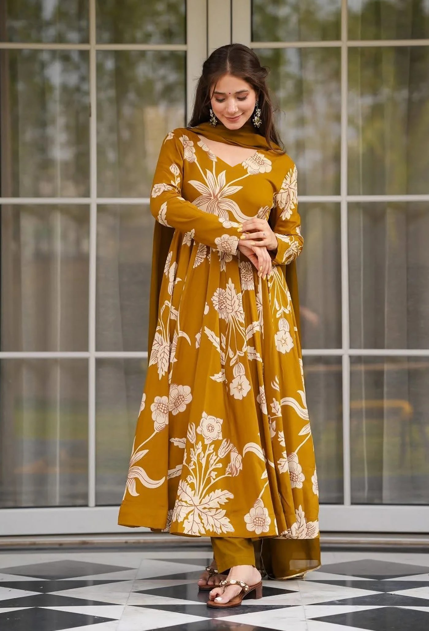 Anarkali Printed Kurta Pant Dupatta Set