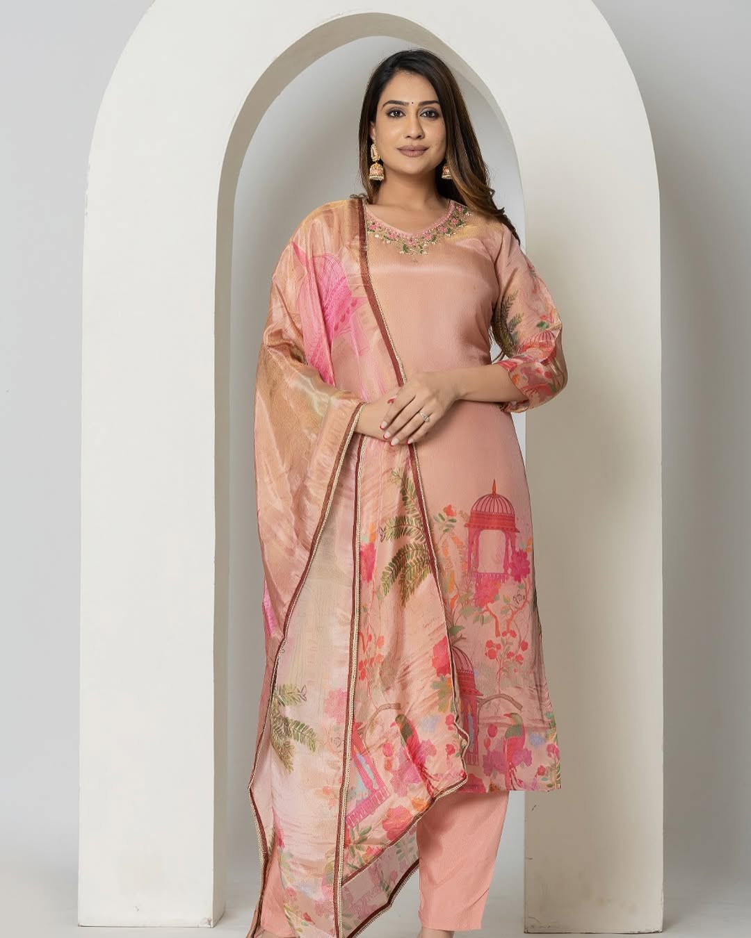 Chinon Embroidery Kurta Set with Mirror Work