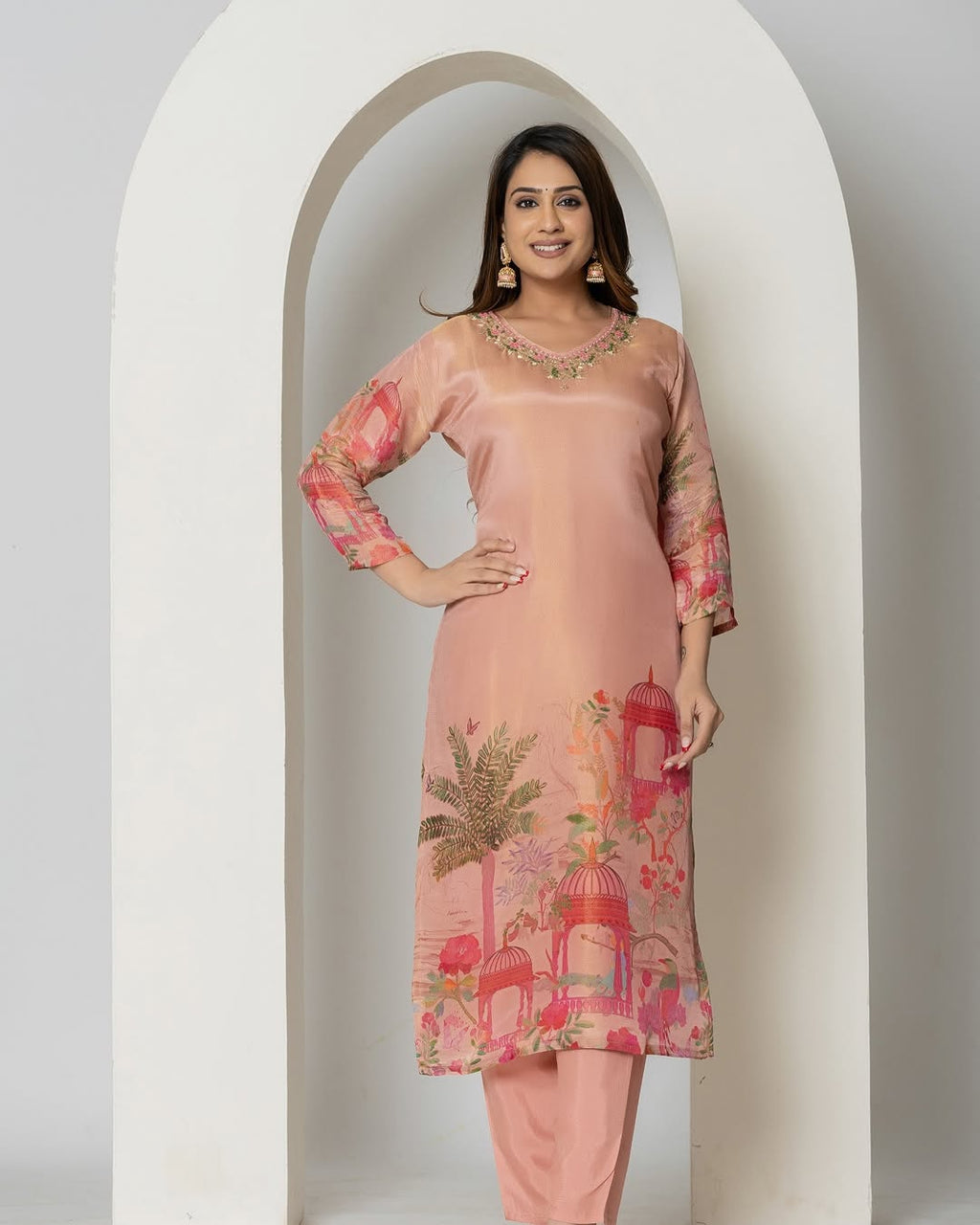 Chinon Embroidery Kurta Set with Mirror Work