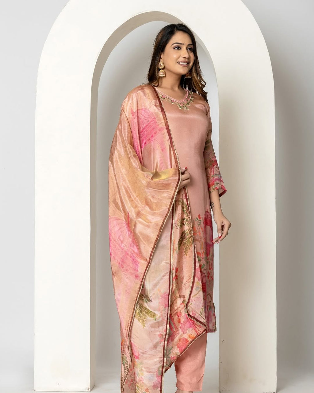 Chinon Embroidery Kurta Set with Mirror Work