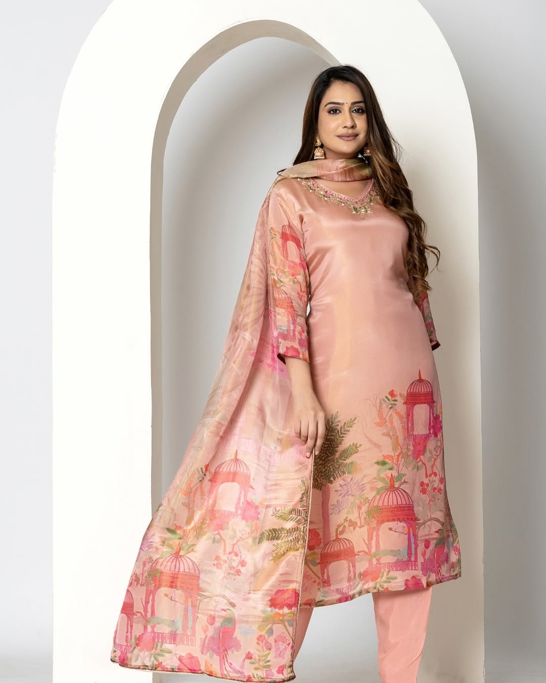 Chinon Embroidery Kurta Set with Mirror Work