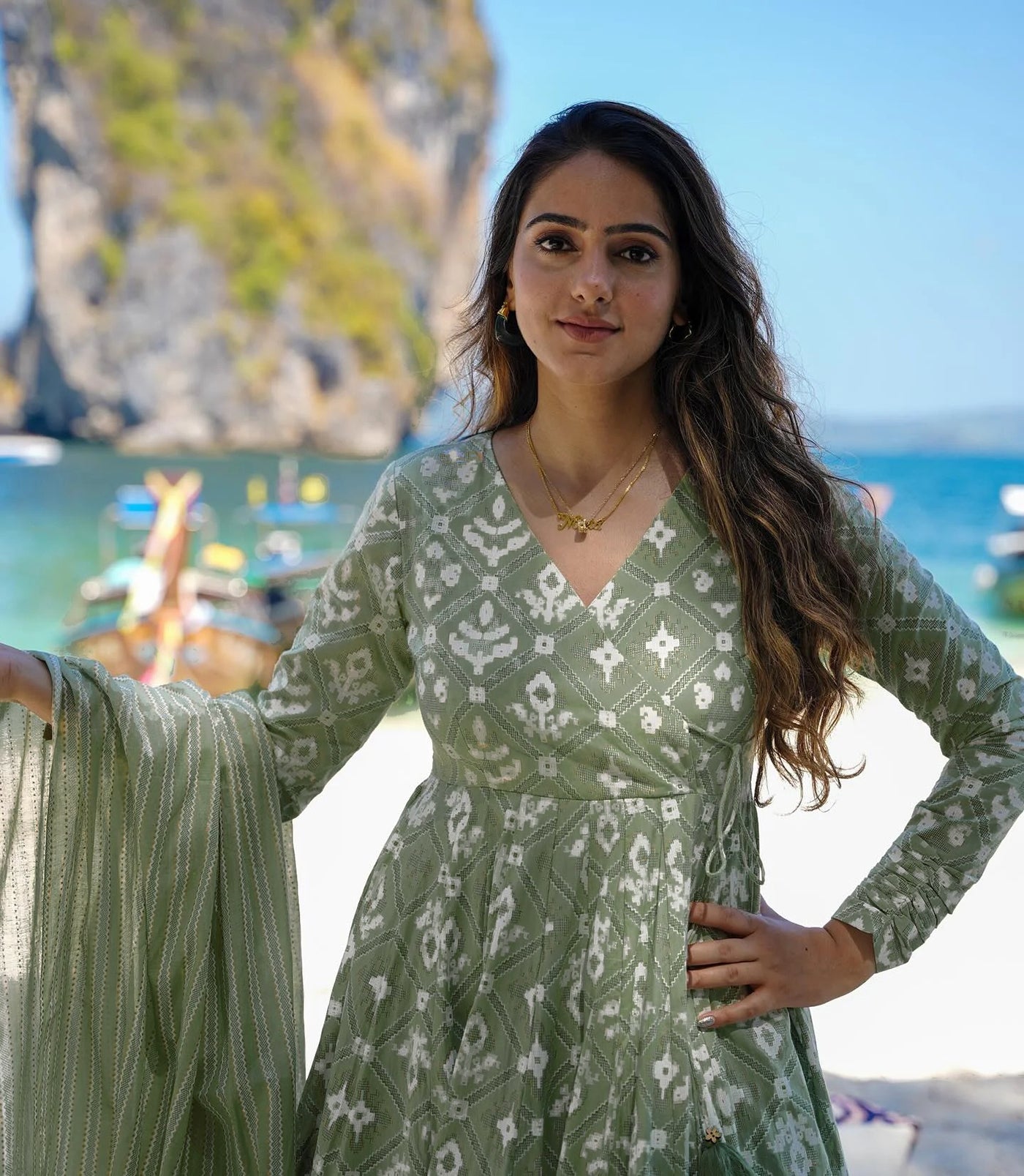 Anarkali Printed Kurta Pant Dupatta Set