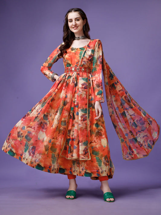 Printed Georgette Stitched Anarkali Gown With Dupatta