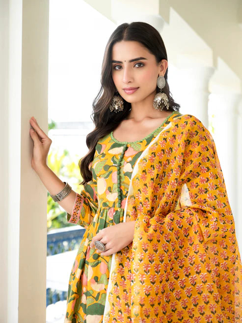Yellow Floral Printed Anarkali Kurta and Pant Set With Dupatta