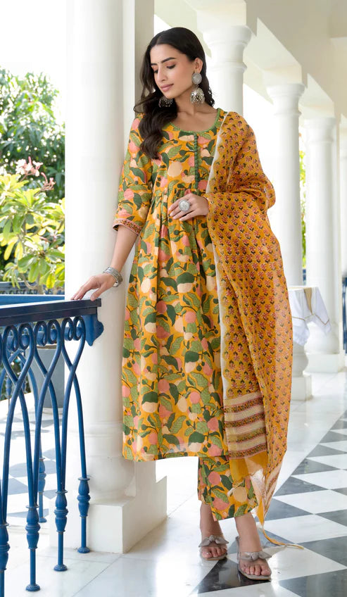 Yellow Floral Printed Anarkali Kurta and Pant Set With Dupatta