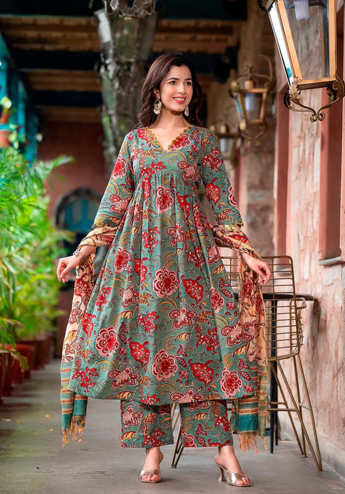 Printed Straight Kurta and Pant set with Dupatta