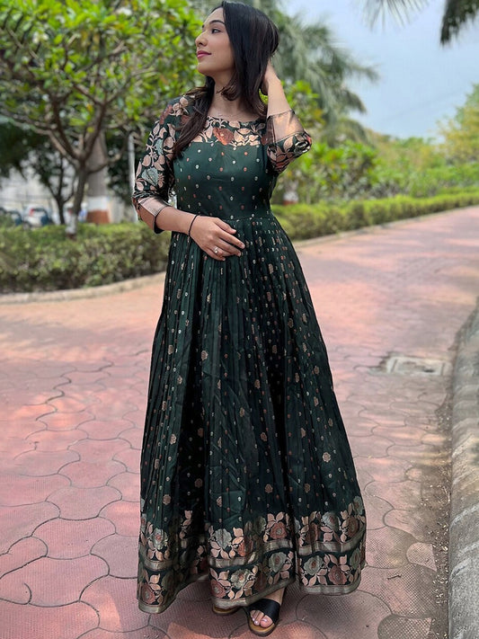 Women Woven Jacquard Stitched Anarkali Gown