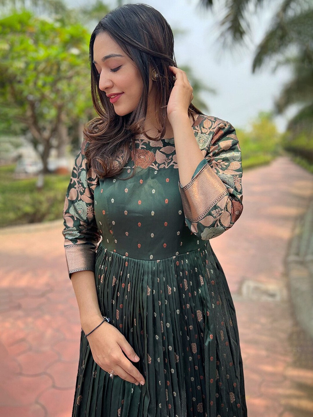 Women Woven Jacquard Stitched Anarkali Gown