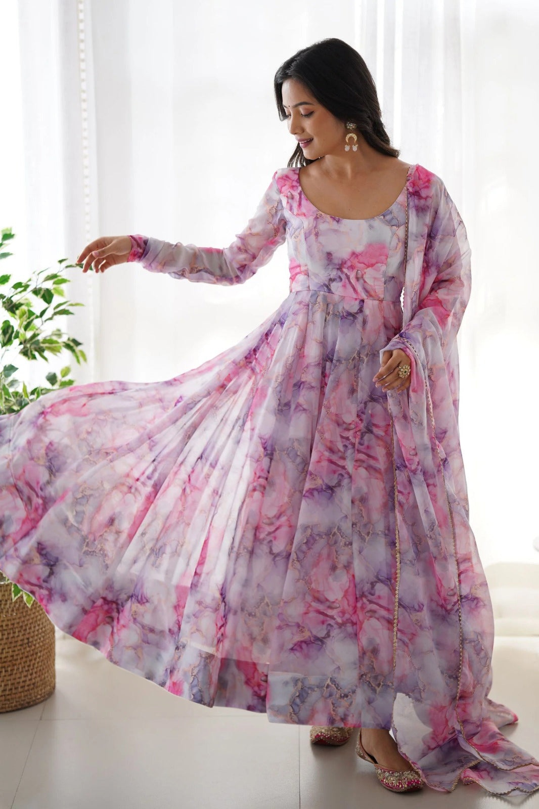 Printed Georgette Stitched Anarkali Gown With Dupatta