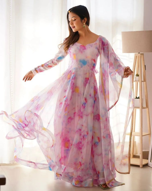 Printed Georgette Stitched Anarkali Gown With Dupatta