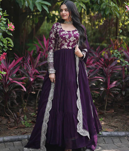 Woven Embroidered Georgette Art Silk Stitched Anarkali Gown