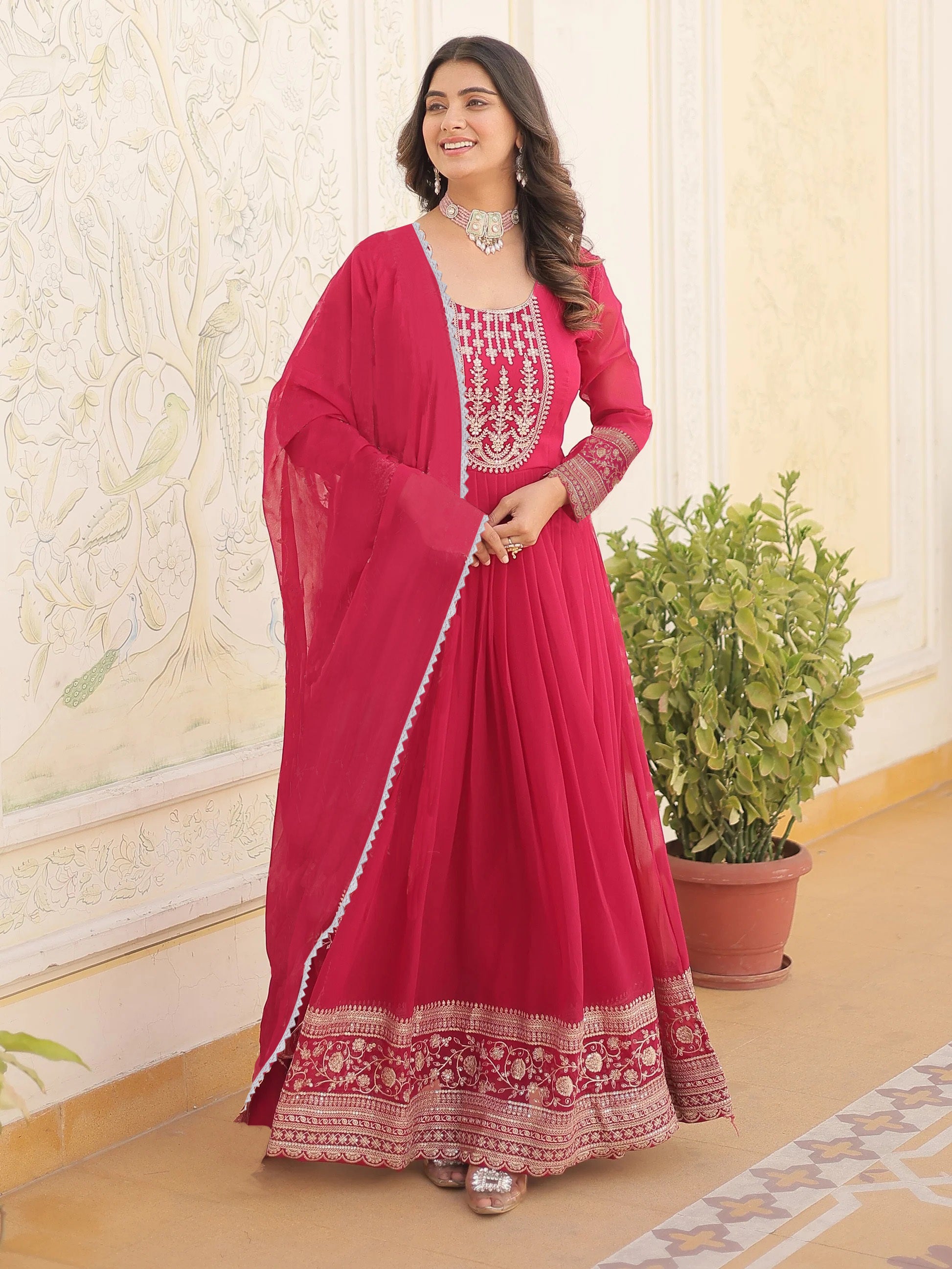 Embroidered Georgette Stitched Anarkali Gown With Dupatta