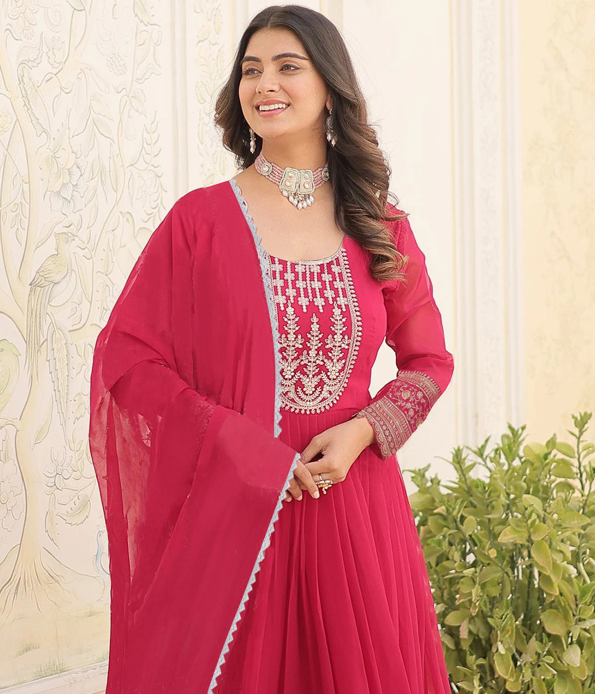 Embroidered Georgette Stitched Anarkali Gown With Dupatta