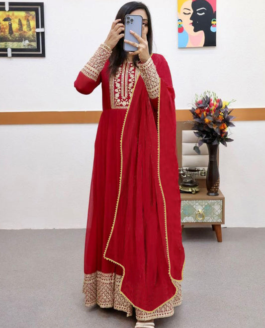 Embroidered Georgette Stitched Anarkali Gown With Dupatta