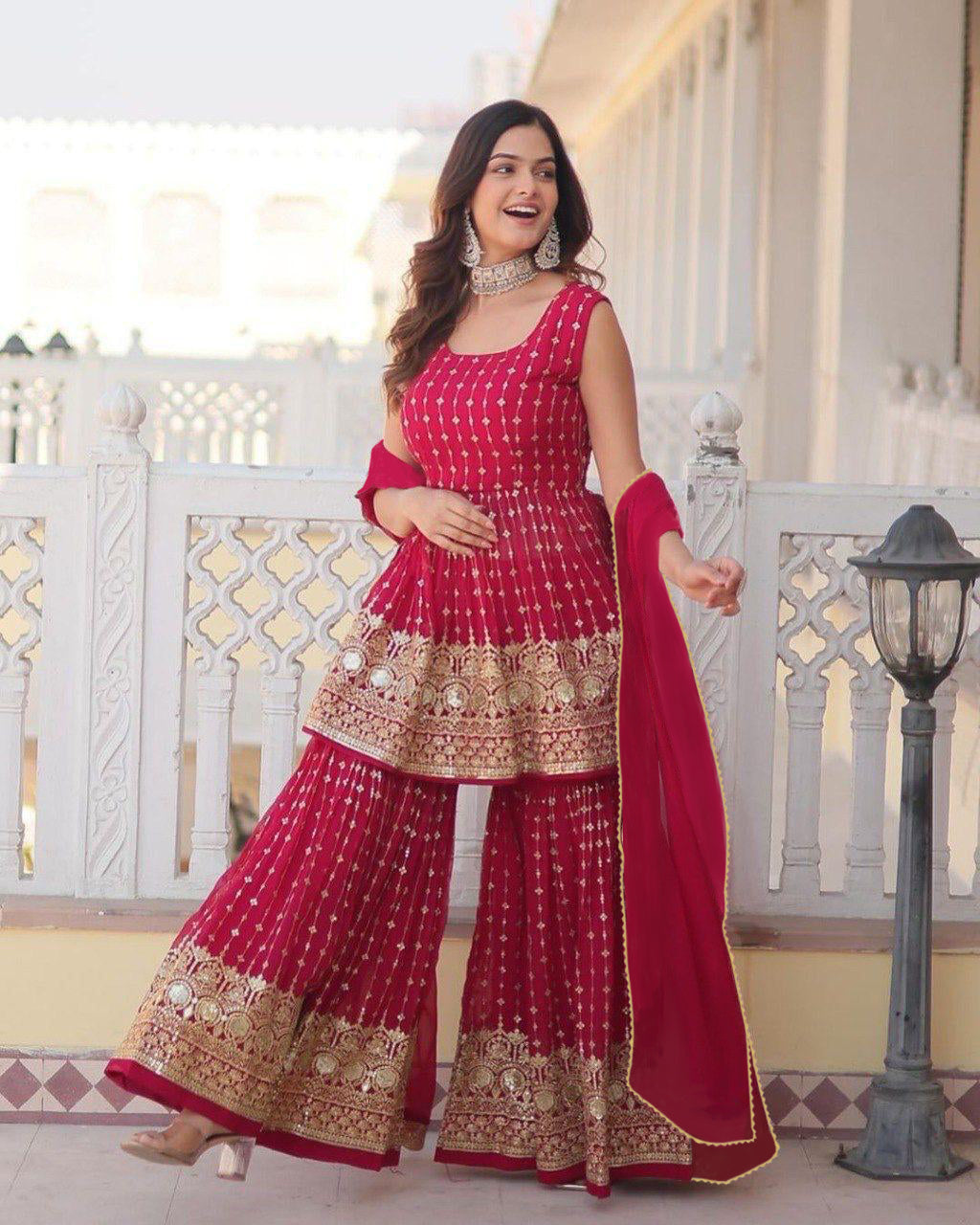 Women Georgette Sharara Dupatta Set