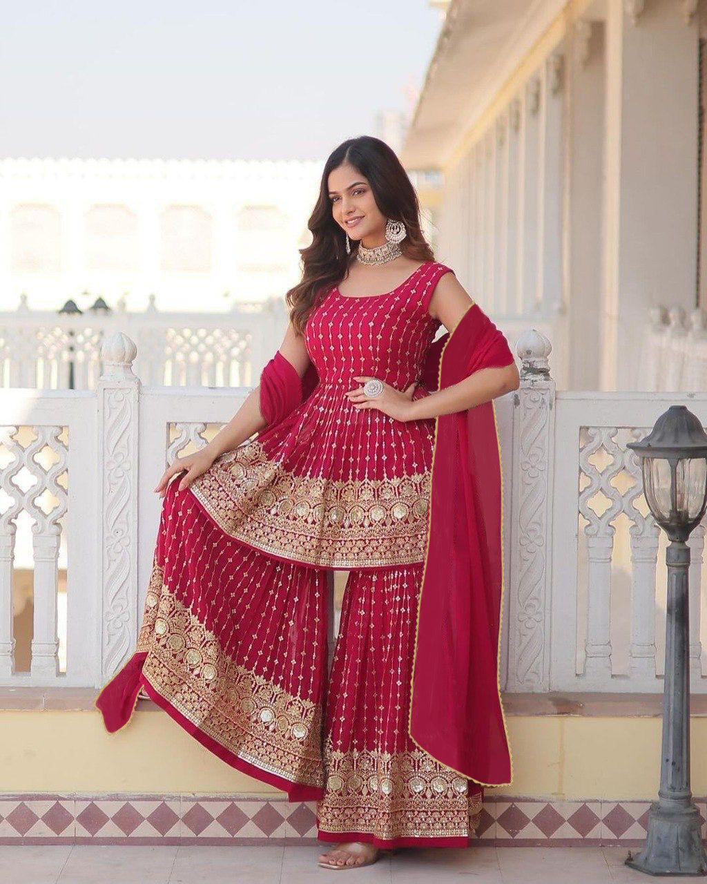 Women Georgette Sharara Dupatta Set