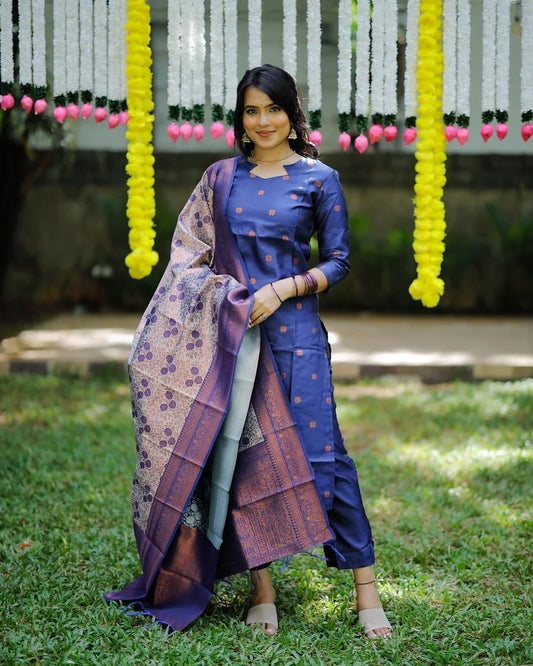 Women Jacquard Kurta Pant Dupatta Set